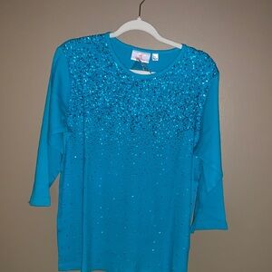 Quacker Factory Teal Embellished Blouse